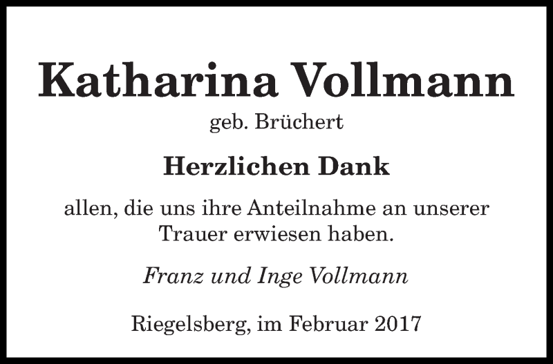  Traueranzeige für Katharina Vollmann vom 25.02.2017 aus saarbruecker_zeitung