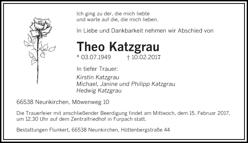  Traueranzeige für Theo Katzgrau vom 13.02.2017 aus saarbruecker_zeitung