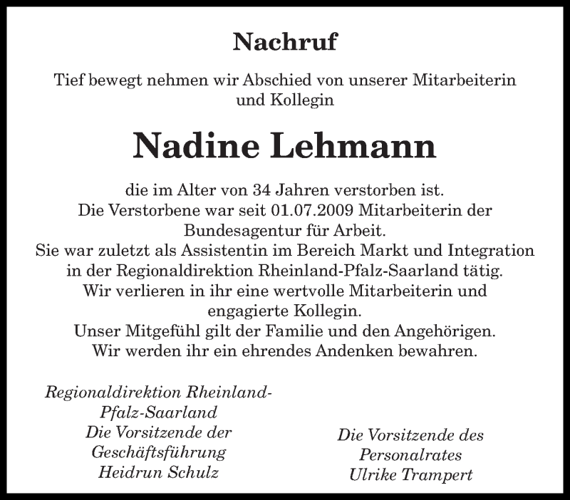  Traueranzeige für Nadine Lehmann vom 04.02.2017 aus saarbruecker_zeitung