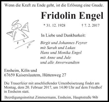 Traueranzeige von Fridolin Engel von saarbruecker_zeitung