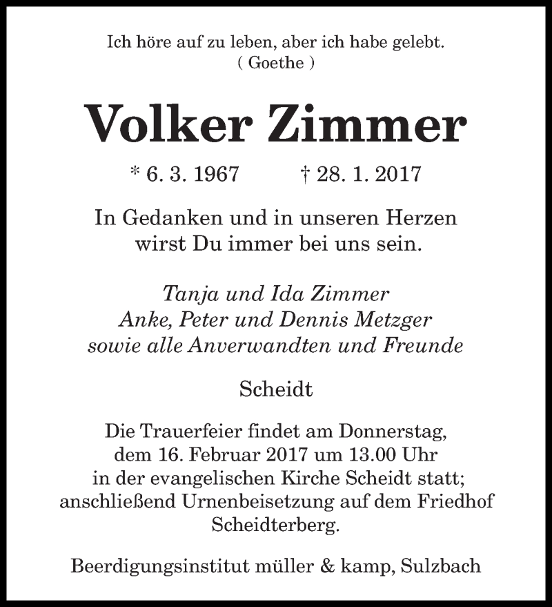  Traueranzeige für Volker Zimmer vom 11.02.2017 aus saarbruecker_zeitung