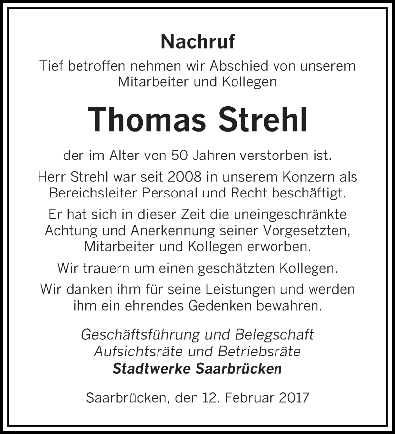  Traueranzeige für Thomas Strehl vom 18.02.2017 aus saarbruecker_zeitung