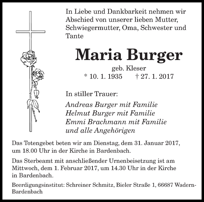  Traueranzeige für Maria Burger vom 31.01.2017 aus saarbruecker_zeitung