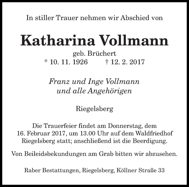  Traueranzeige für Katharina Vollmann vom 14.02.2017 aus saarbruecker_zeitung