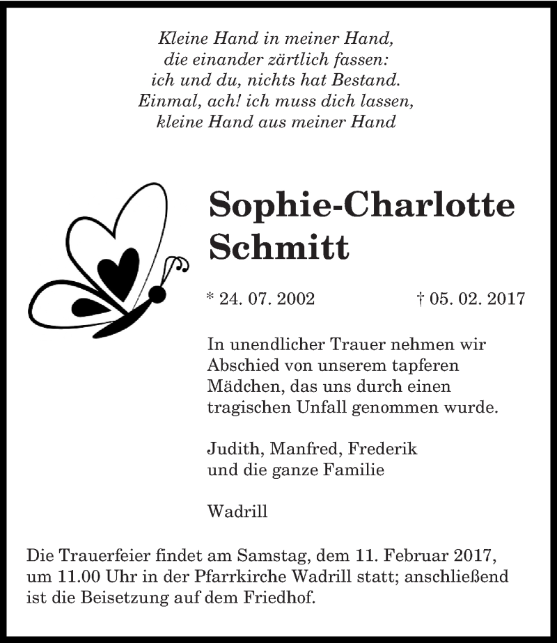  Traueranzeige für Sophie-Charlotte Schmitt vom 10.02.2017 aus saarbruecker_zeitung