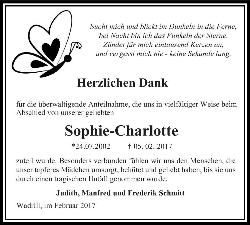  Traueranzeige für Sophie-Charlotte Schmitt vom 25.02.2017 aus saarbruecker_zeitung