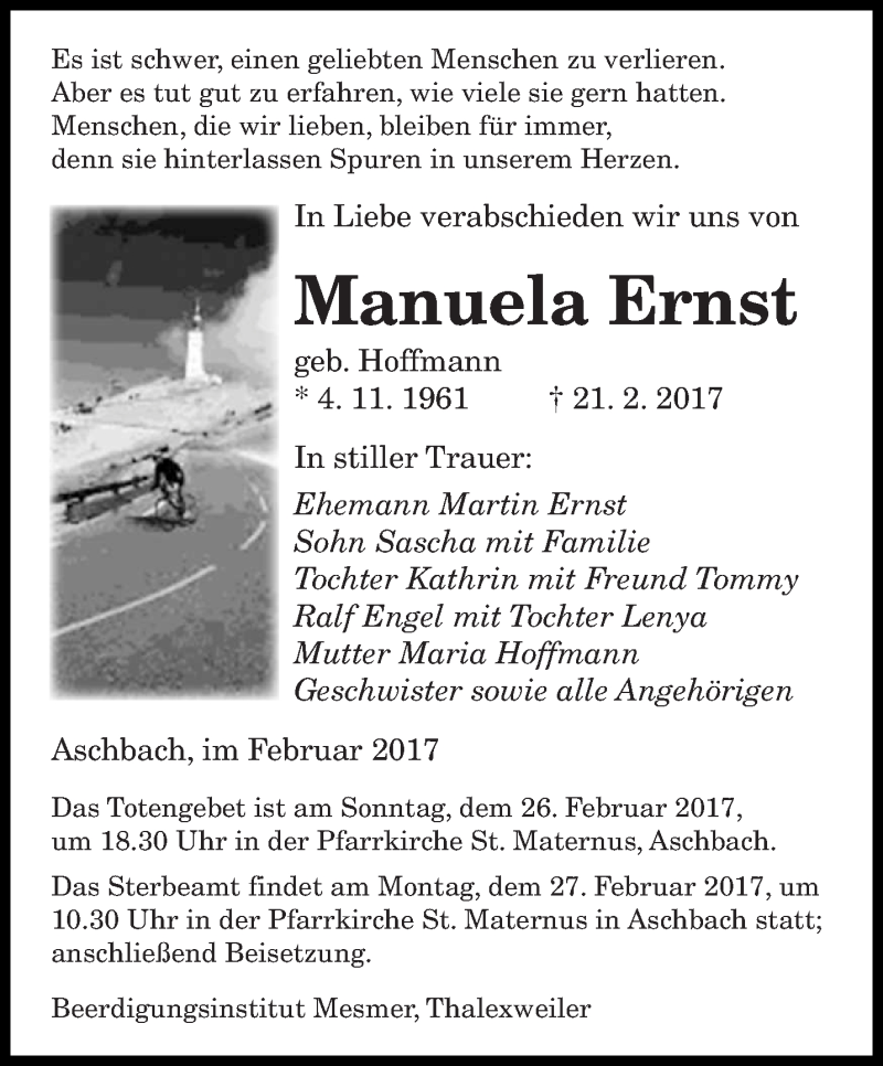  Traueranzeige für Manuela Ernst vom 25.02.2017 aus saarbruecker_zeitung