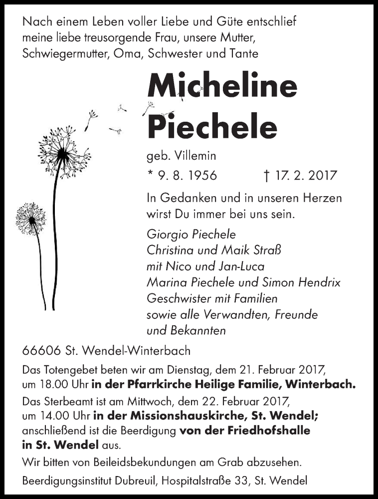  Traueranzeige für Micheline Piechele vom 20.02.2017 aus saarbruecker_zeitung