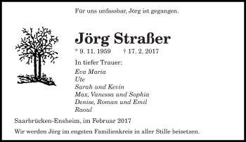 Traueranzeige von Jörg Straßer von saarbruecker_zeitung