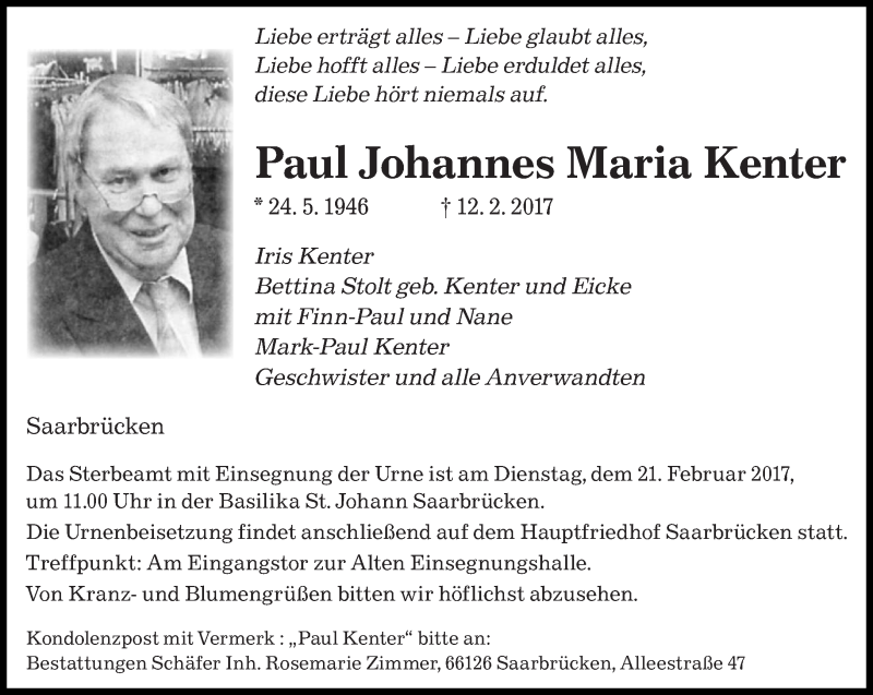  Traueranzeige für Paul Johannes  Kenter vom 17.02.2017 aus saarbruecker_zeitung
