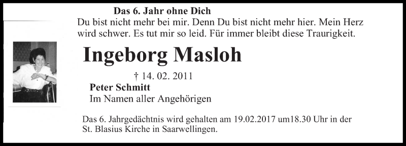  Traueranzeige für Ingeborg Masloh vom 14.02.2017 aus saarbruecker_zeitung