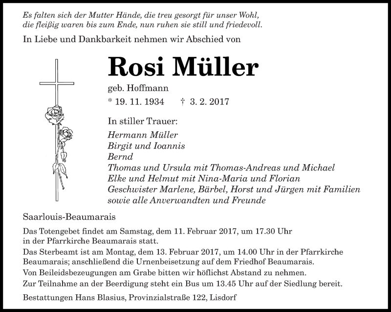  Traueranzeige für Rosi Müller vom 08.02.2017 aus saarbruecker_zeitung
