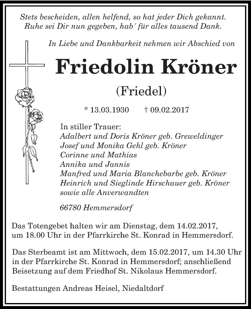  Traueranzeige für Friedolin Kröner vom 13.02.2017 aus saarbruecker_zeitung