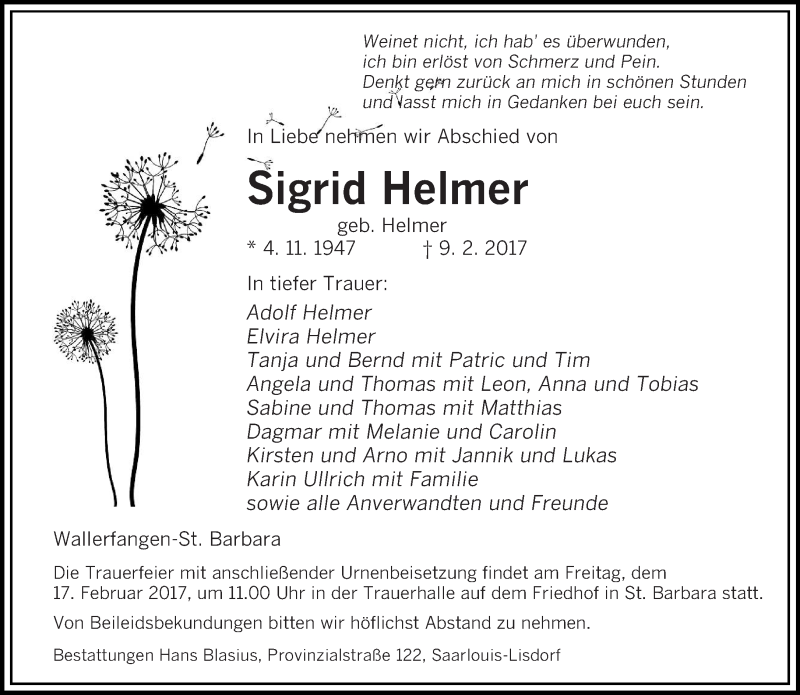  Traueranzeige für Sigrid Helmer vom 14.02.2017 aus saarbruecker_zeitung