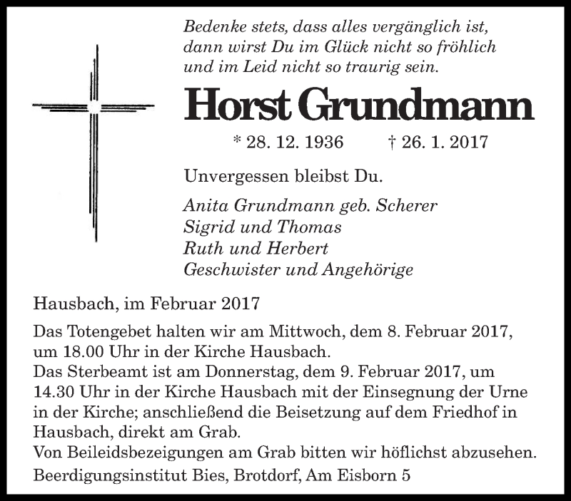  Traueranzeige für Horst Grunchnann vom 06.02.2017 aus saarbruecker_zeitung