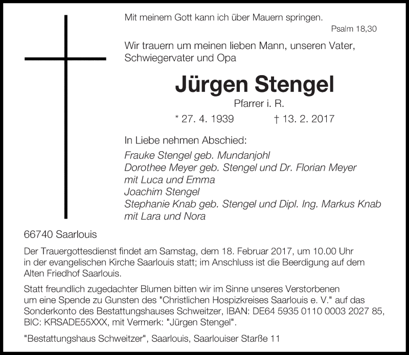  Traueranzeige für Jürgen Stengel vom 15.02.2017 aus saarbruecker_zeitung