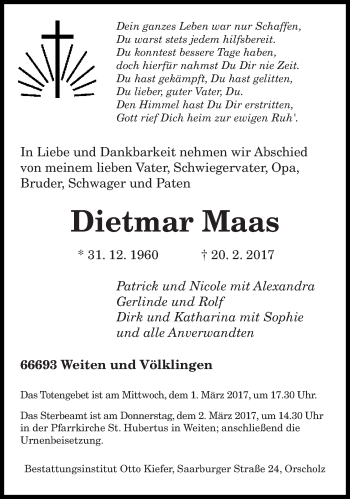 Traueranzeige von Dietmar Maas von saarbruecker_zeitung