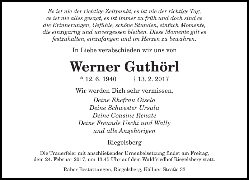  Traueranzeige für Werner Guthörl vom 17.02.2017 aus saarbruecker_zeitung