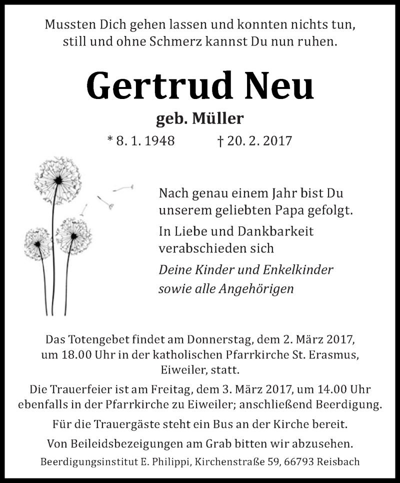 Traueranzeigen Von Gertrud Neu Saarbruecker Zeitung Trauer De