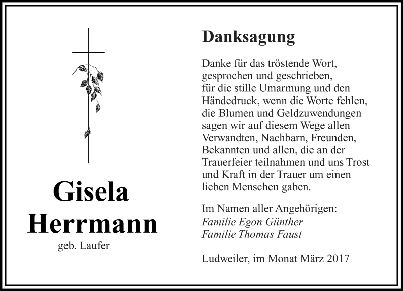 Traueranzeigen Von Gisela Herrmann Saarbruecker Zeitung Trauer De