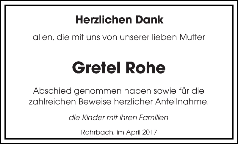 Traueranzeigen Von Gretel Rohe Saarbruecker Zeitung Trauer De