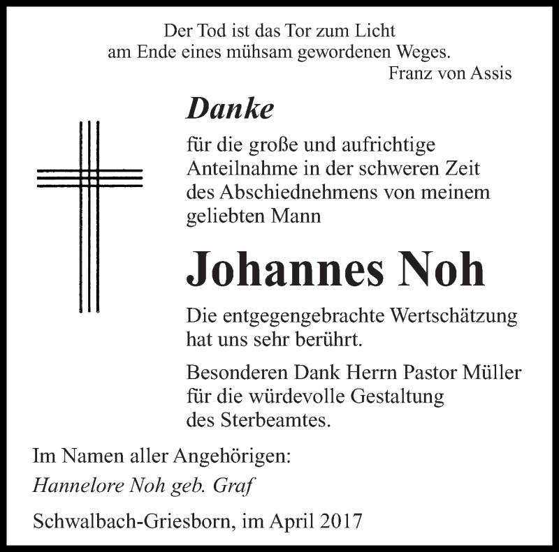 Traueranzeigen Von Johannes Noh Saarbruecker Zeitung Trauer De