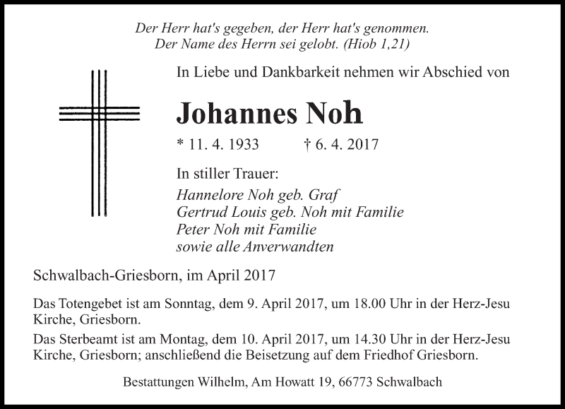 Traueranzeigen Von Johannes Noh Saarbruecker Zeitung Trauer De