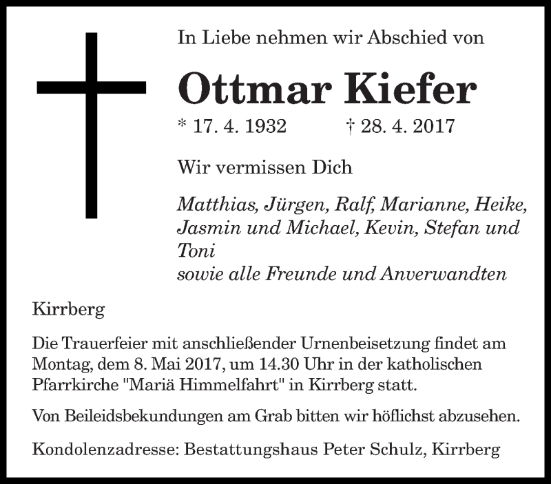 Traueranzeigen Von Ottmar Kiefer Saarbruecker Zeitung Trauer De