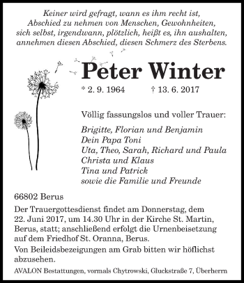 Traueranzeigen Von Peter Winter Saarbruecker Zeitung Trauer De