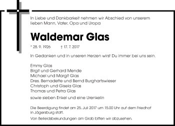 Traueranzeigen Von Waldemar Glas Saarbruecker Zeitung Trauer De