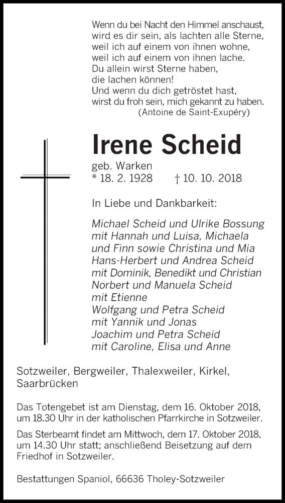 Traueranzeigen Von Irene Scheid Saarbruecker Zeitung Trauer De