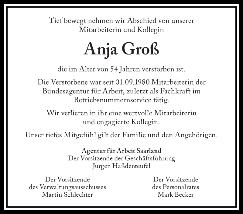 Traueranzeigen von Anja Groß Saarbruecker Zeitung Trauer de