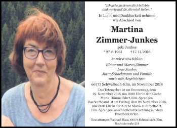 Traueranzeigen Von Martina Zimmer Junkes Saarbruecker Zeitung Trauer De