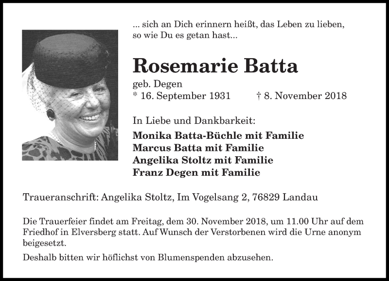 Traueranzeigen Von Rosemarie Batta Saarbruecker Zeitung Trauer De