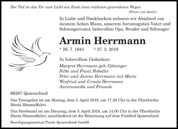 Traueranzeigen Von Armin Herrmann Saarbruecker Zeitung Trauer De