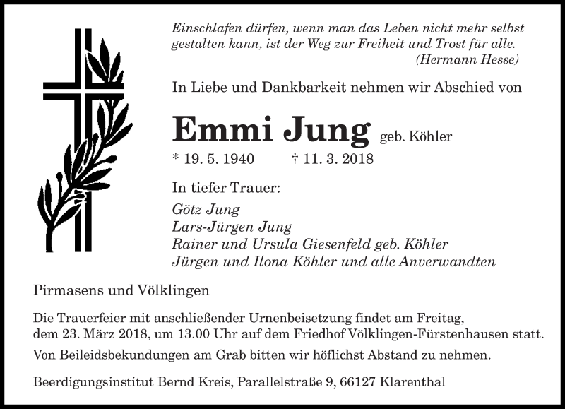 Traueranzeigen Von Emmi Jung Saarbruecker Zeitung Trauer De