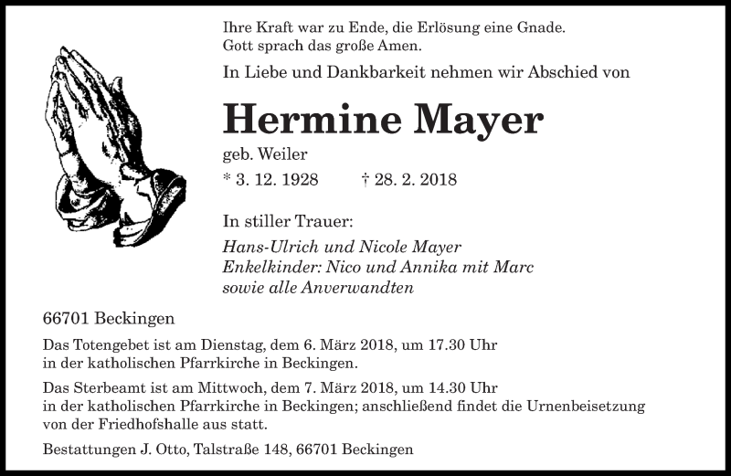 Traueranzeigen Von Hermine Mayer Saarbruecker Zeitung Trauer De