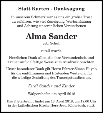 Traueranzeigen Von Alma Sander Saarbruecker Zeitung Trauer De