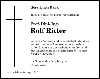 Traueranzeigen Von Rolf Ritter Saarbruecker Zeitung Trauer De