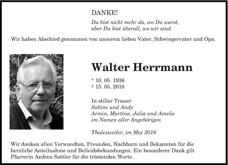 Traueranzeigen Von Walter Herrmann Saarbruecker Zeitung Trauer De