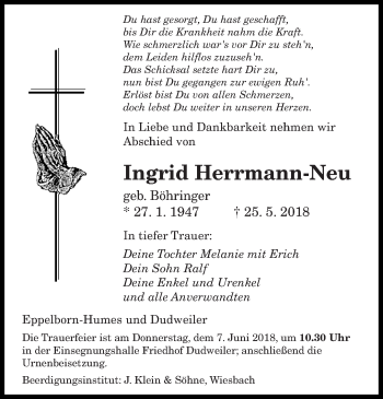 Traueranzeigen Von Ingrid Herrmann Neu Saarbruecker Zeitung Trauer De