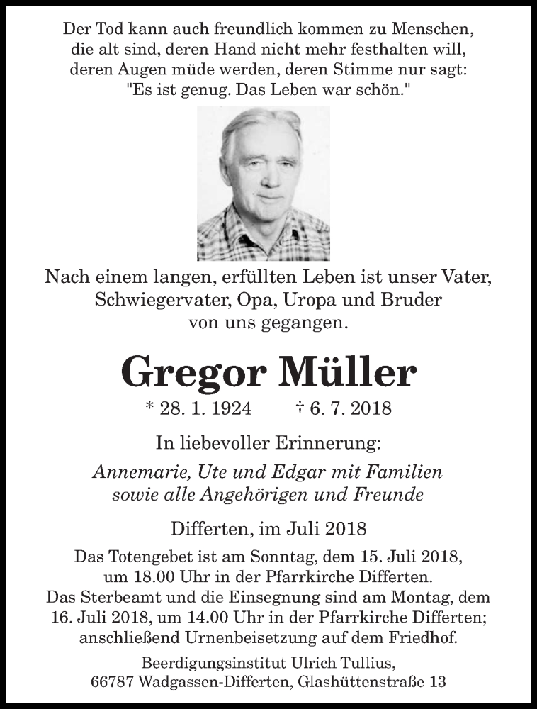 Traueranzeigen Von Gregor M Ller Saarbruecker Zeitung Trauer De