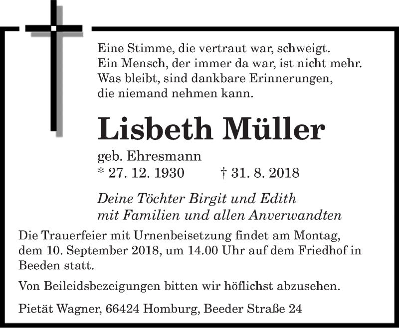 Traueranzeigen Von Lisbeth M Ller Saarbruecker Zeitung Trauer De