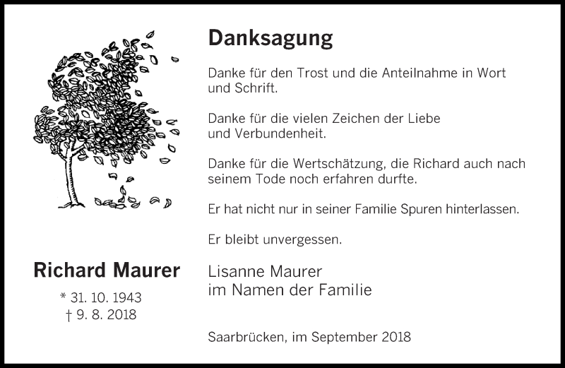 Traueranzeigen Von Richard Maurer Saarbruecker Zeitung Trauer De