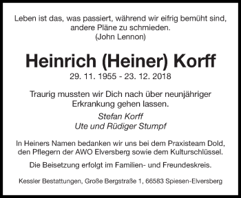 Traueranzeigen Von Heinrich Heiner Korff Saarbruecker Zeitung Trauer De