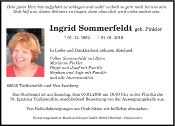 Traueranzeigen Von Ingrid Sommerfeldt Saarbruecker Zeitung Trauer De