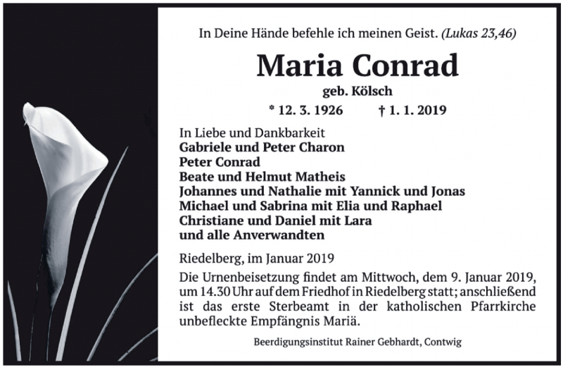 Traueranzeigen Von Maria Conrad Saarbruecker Zeitung Trauer De