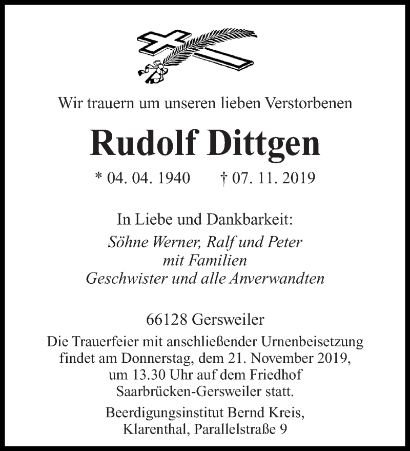 Traueranzeigen Von Rudolf Dittgen Saarbruecker Zeitung Trauer De