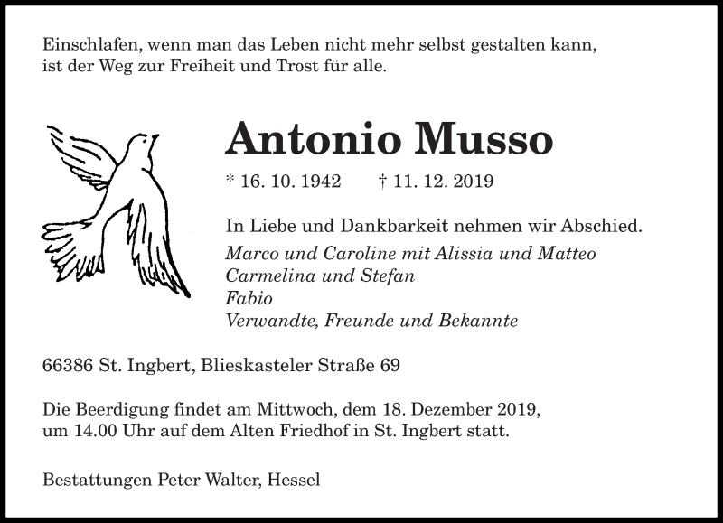 Traueranzeigen Von Antonio Musso Saarbruecker Zeitung Trauer De