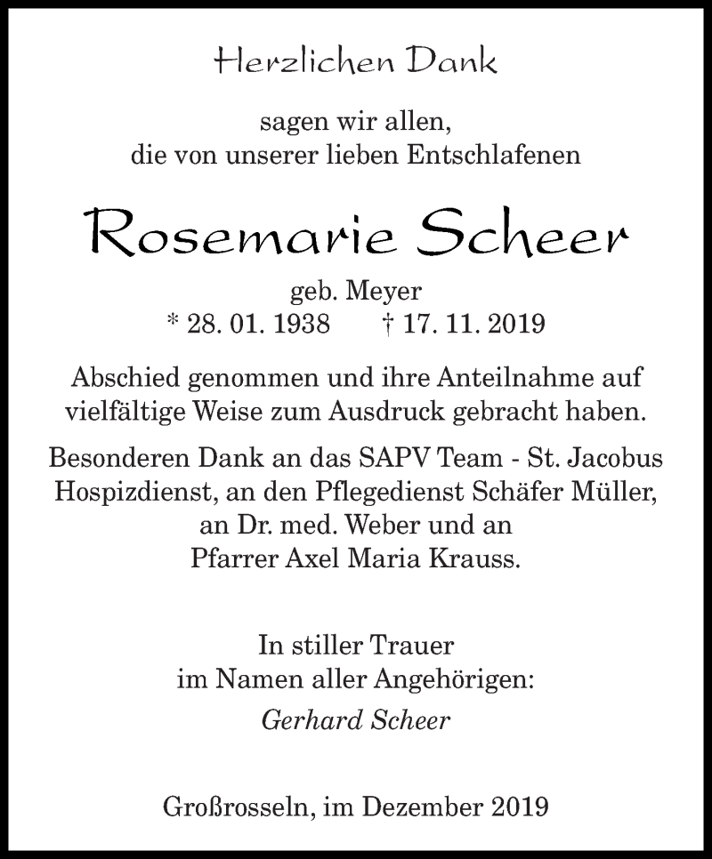 Traueranzeigen Von Rosemarie Scheer Saarbruecker Zeitung Trauer De